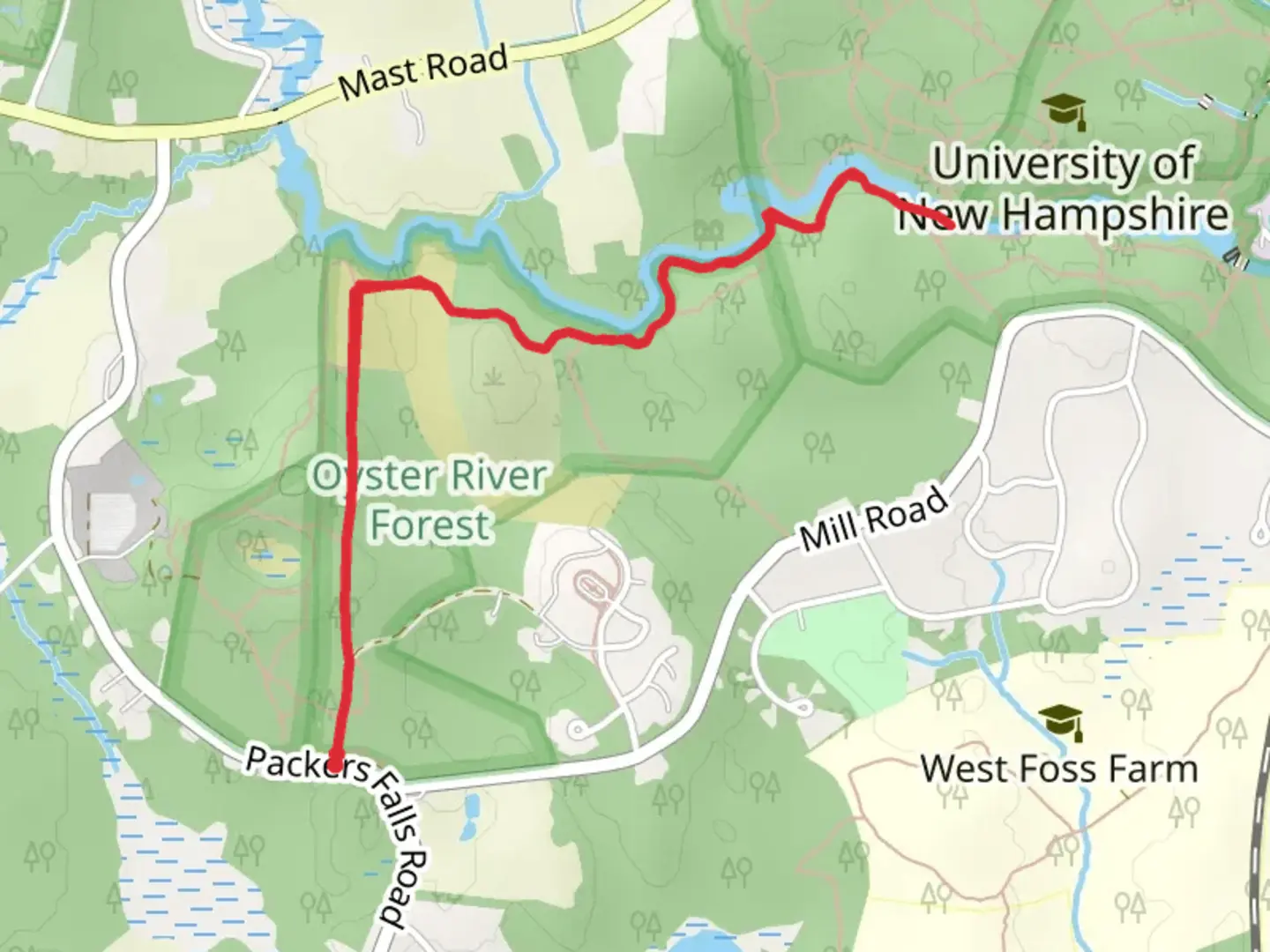 An image depicting the trail Oyster River from Packers Falls Road and its surrounding area.