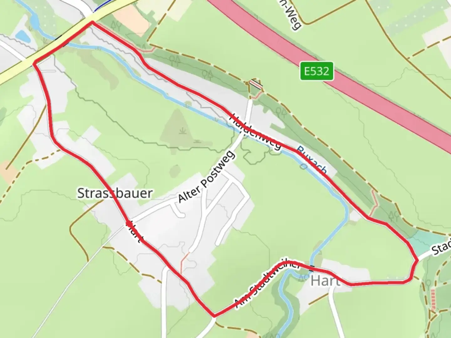 An image depicting the trail Am Stadtweiher and Hart Loop and its surrounding area.