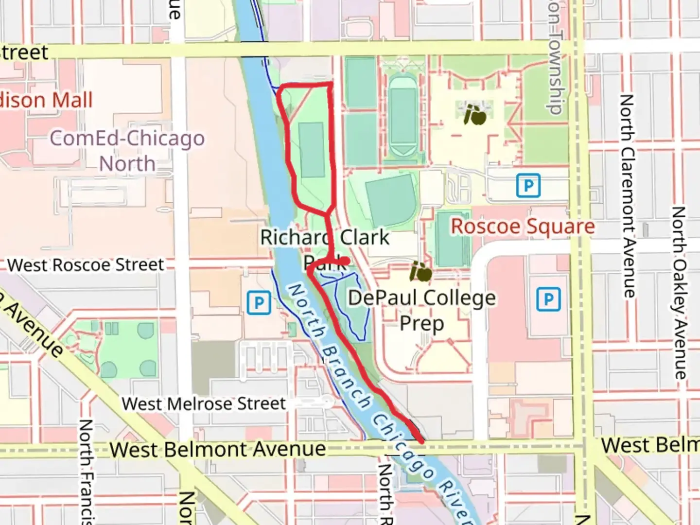 An image depicting the trail Richard Clark Park and 312 RiverRun Walk and its surrounding area.