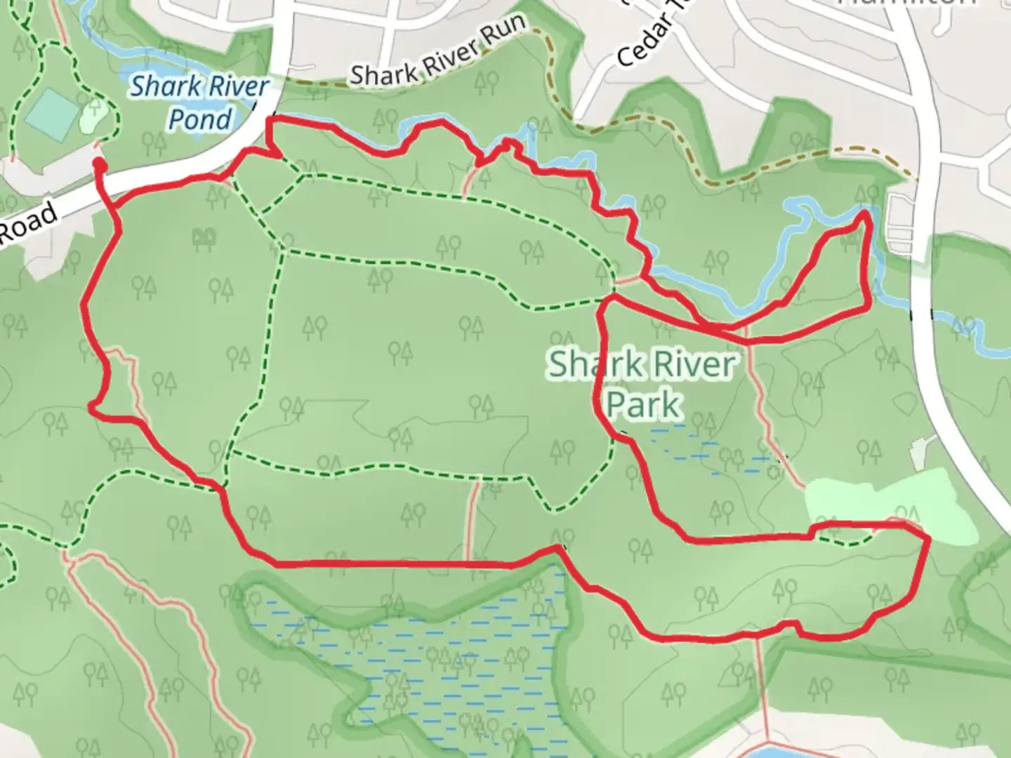 An image depicting the trail River's Edge and Hidden Creek Loop Trail and its surrounding area.