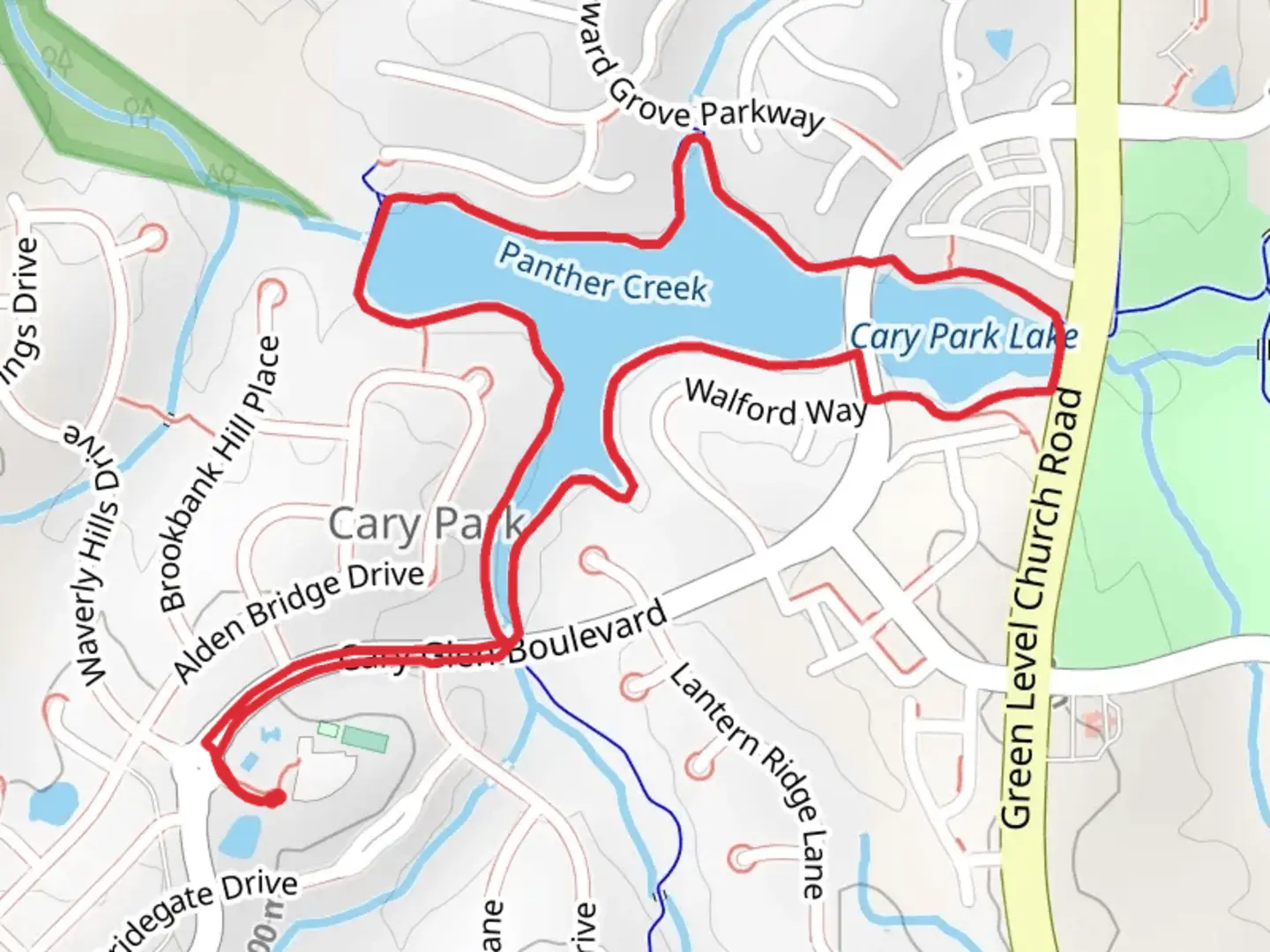 An image depicting the trail Cary Park Lake Greenway Loop and its surrounding area.