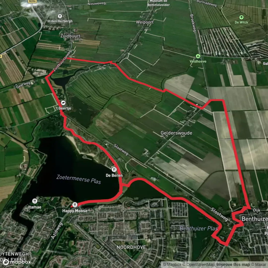 An image depicting the trail Zoetermeerse Plas, Noordhovense Plas and Noord Aa via Steilrand Route and its surrounding area.