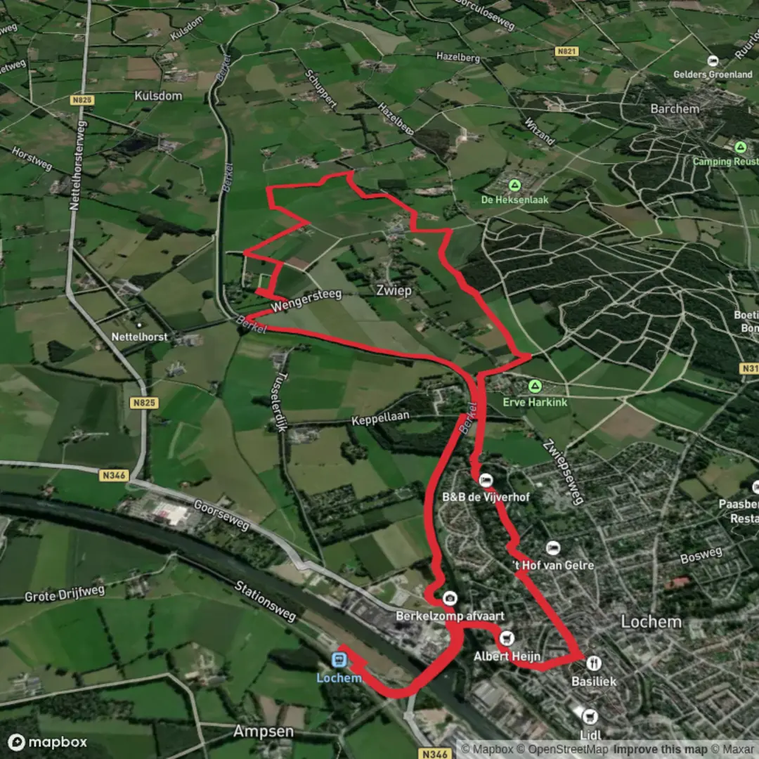 An image depicting the trail Berkel via 3 Lochemse Bergen and Kale Berg Route and its surrounding area.