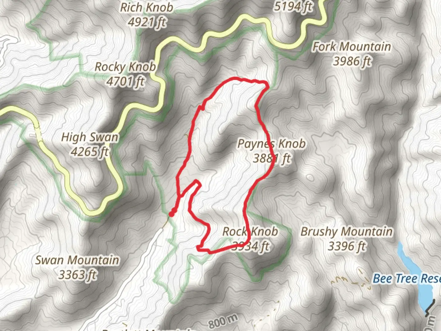 An image depicting the trail Rock Knob and Paynes Knob Loop and its surrounding area.