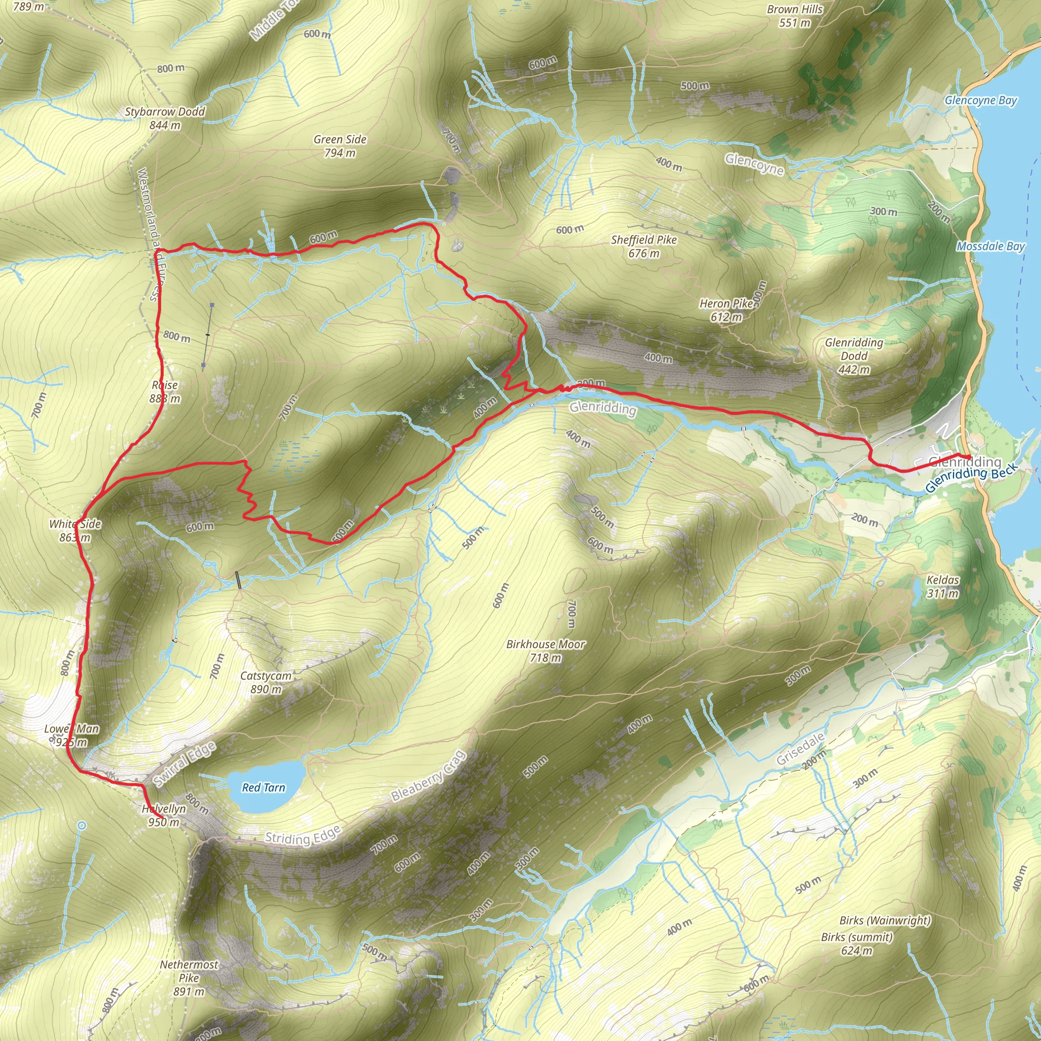 Raise, Whiteside, Lower Man and Helvellyn Peak Loop - Glenridding mobile static map