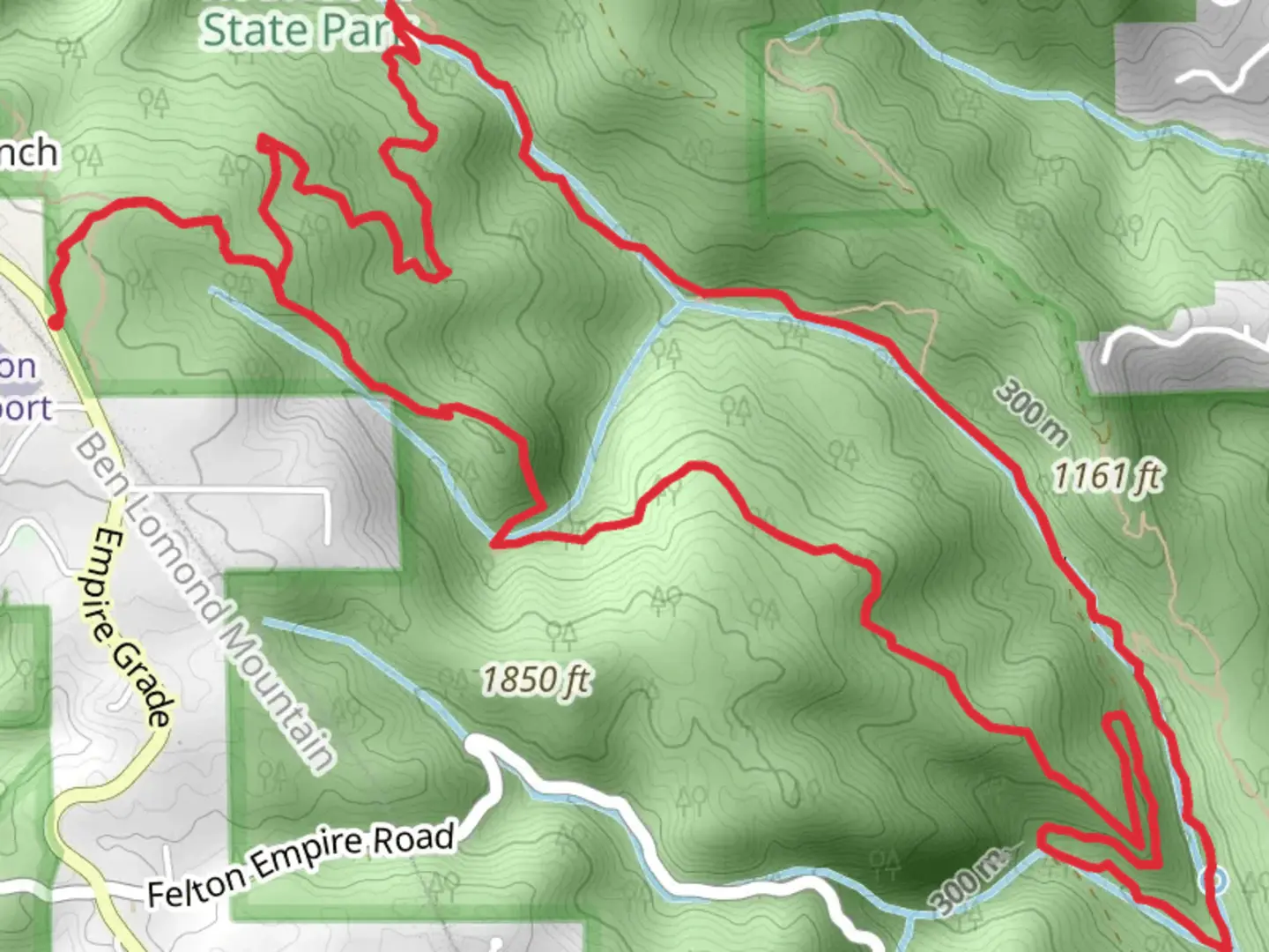 An image depicting the trail Lost Empire Trail and Falls Creek Loop Trail and its surrounding area.