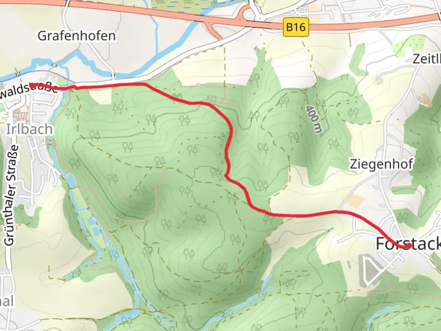 An image depicting the trail Irlbach Forstacker and its surrounding area.