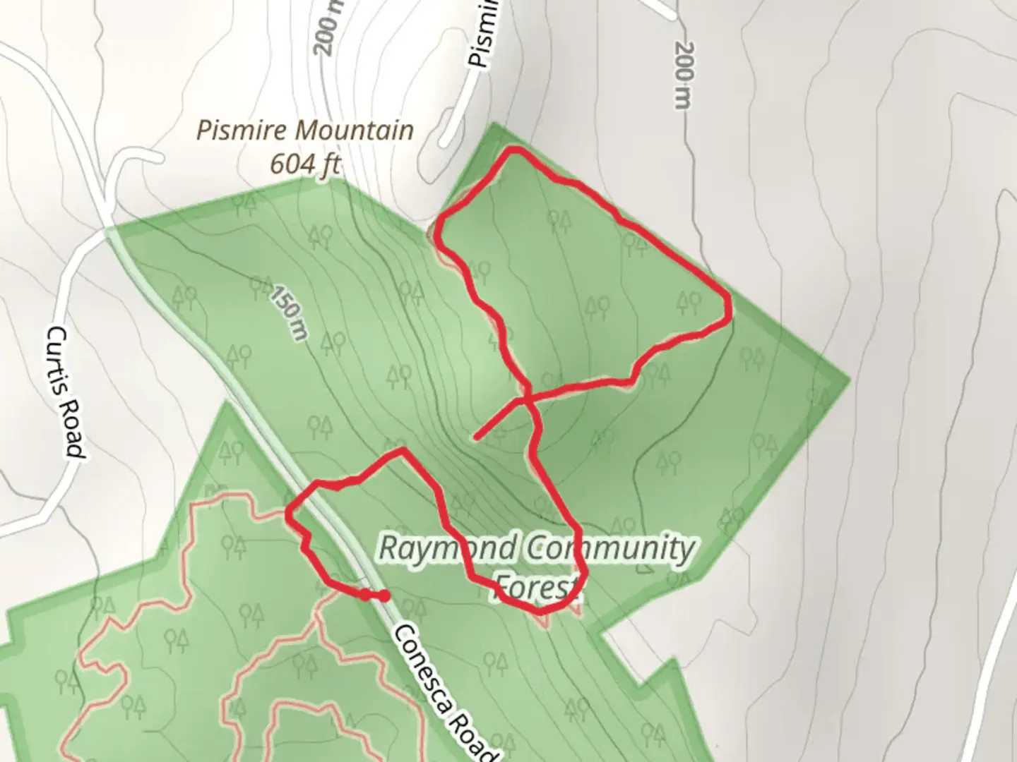 An image depicting the trail Raymond Community Forest Loop Trail and its surrounding area.