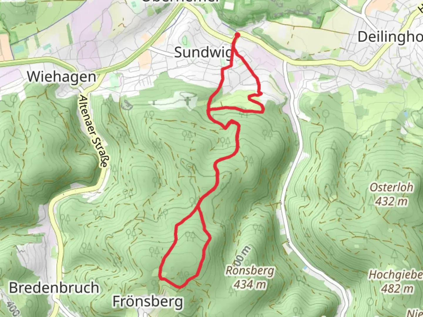 An image depicting the trail Hemer Sundwig Rundweg and Westig Sommerseite and its surrounding area.