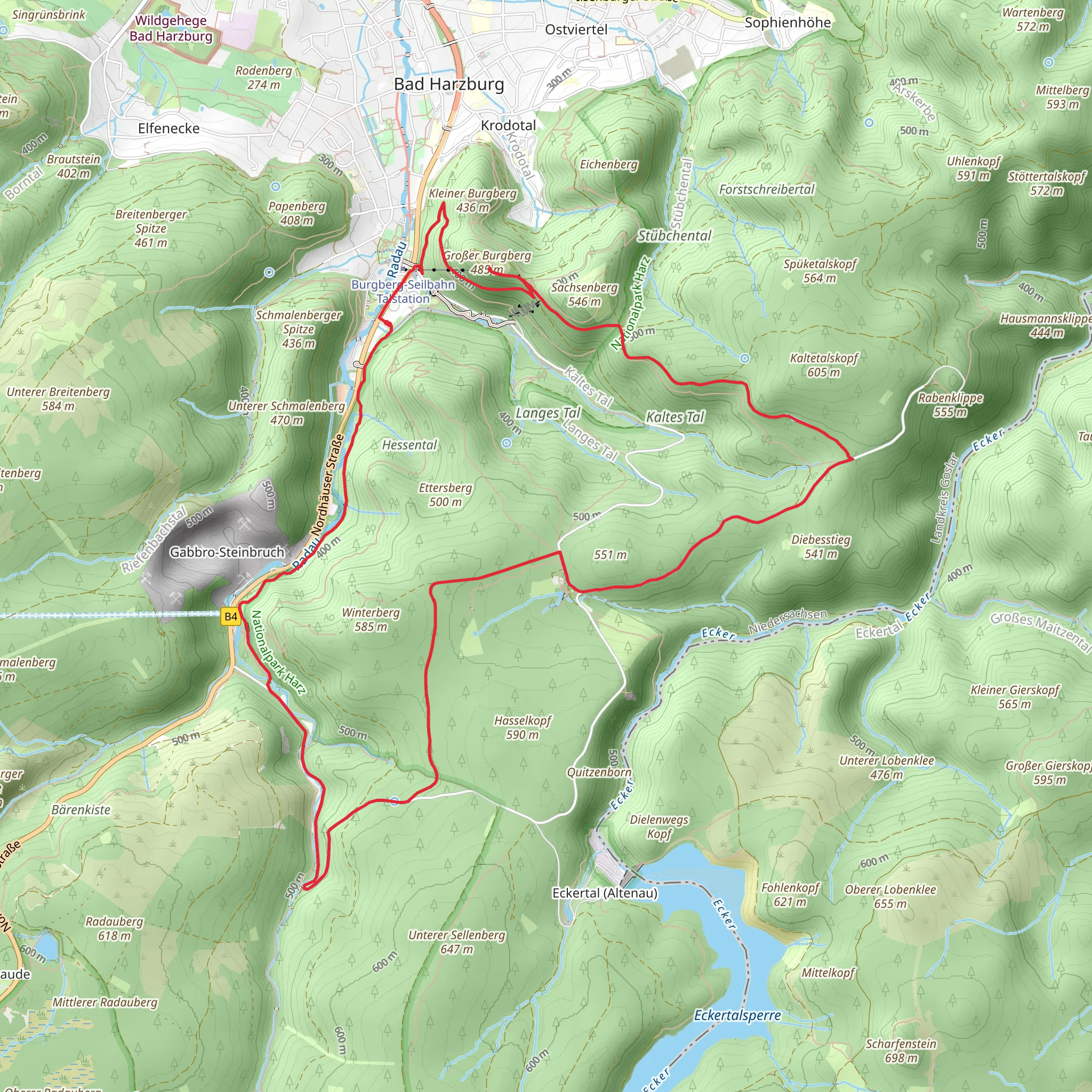 Großer Burgberg, Tiefe Kohlstelle and Radau via Harzklub Weg mobile static map