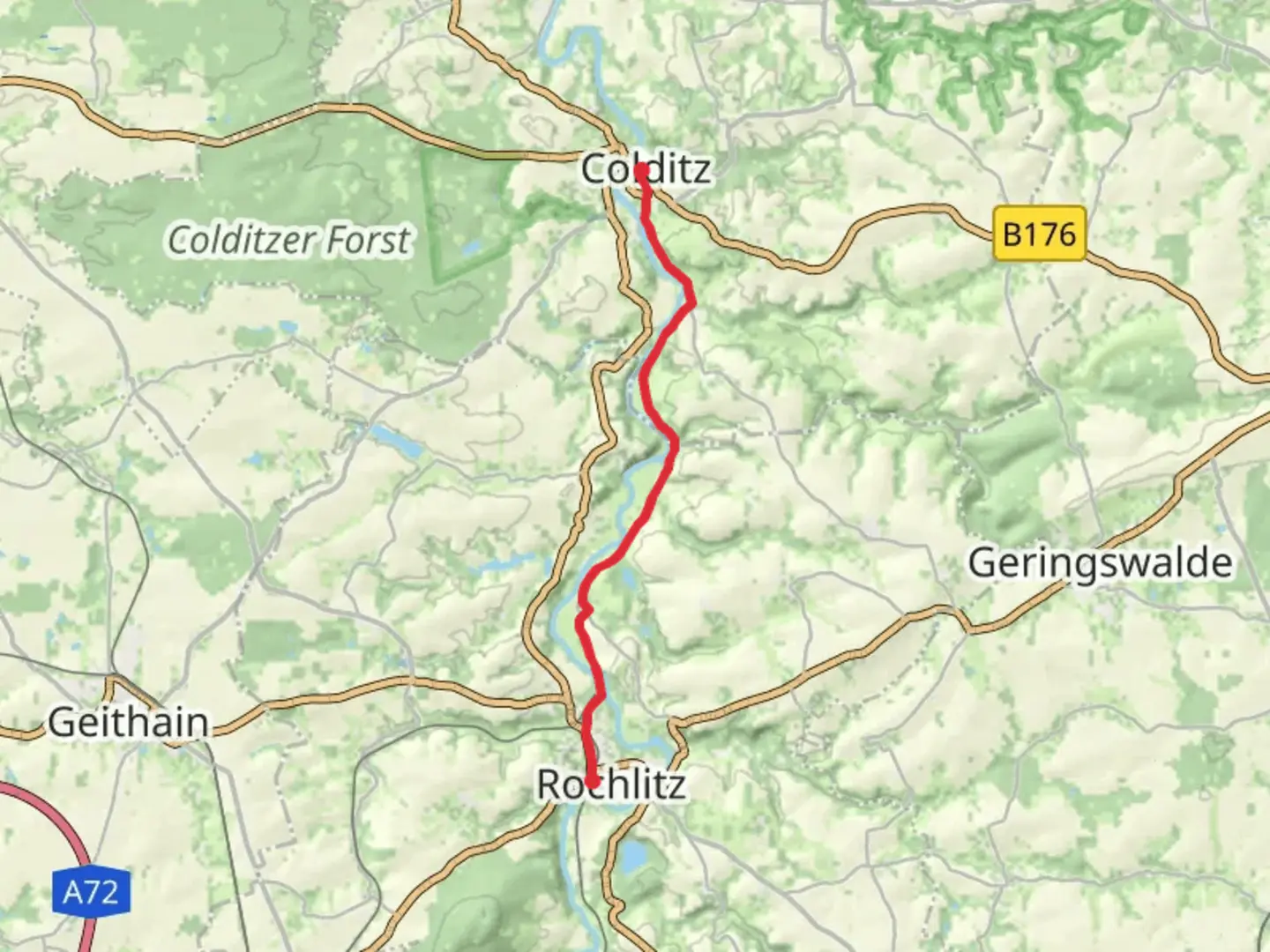 An image depicting the trail Rochlitz to Colditz via Lastauer Straße and its surrounding area.