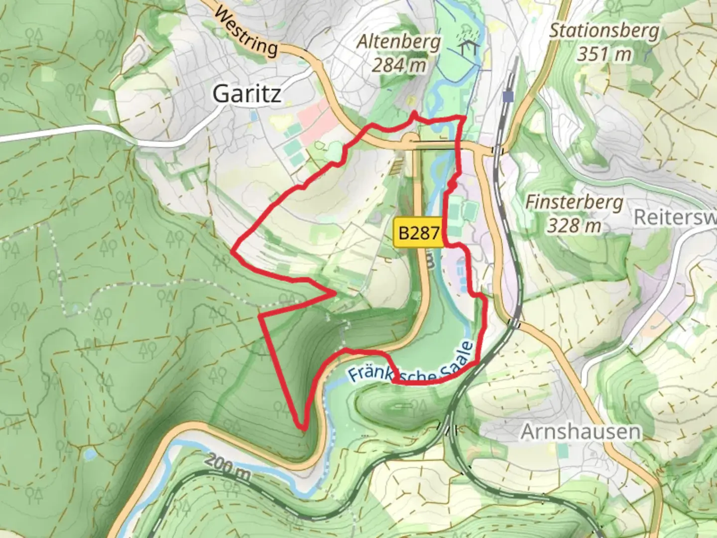 An image depicting the trail Kissinger Runde and Rhoenrundweg Saaletal and its surrounding area.