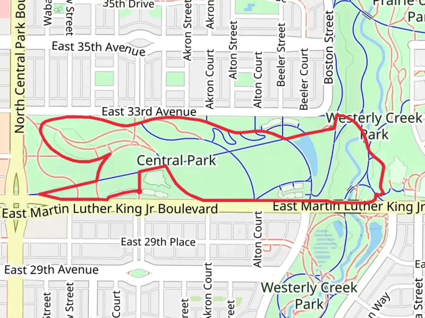 An image depicting the trail Central Park and Westerly Creek Park Loop and its surrounding area.