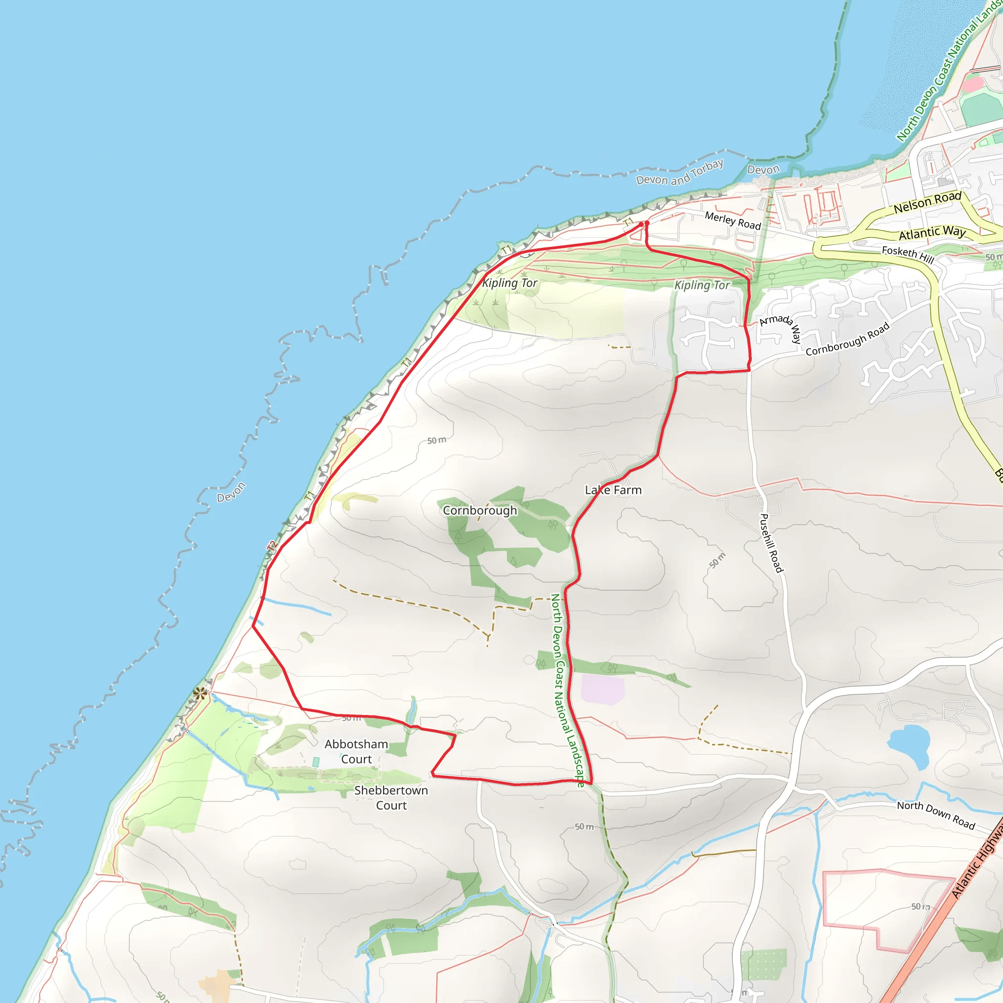 Cornborough Cliff and Kipling Tors Loop mobile static map