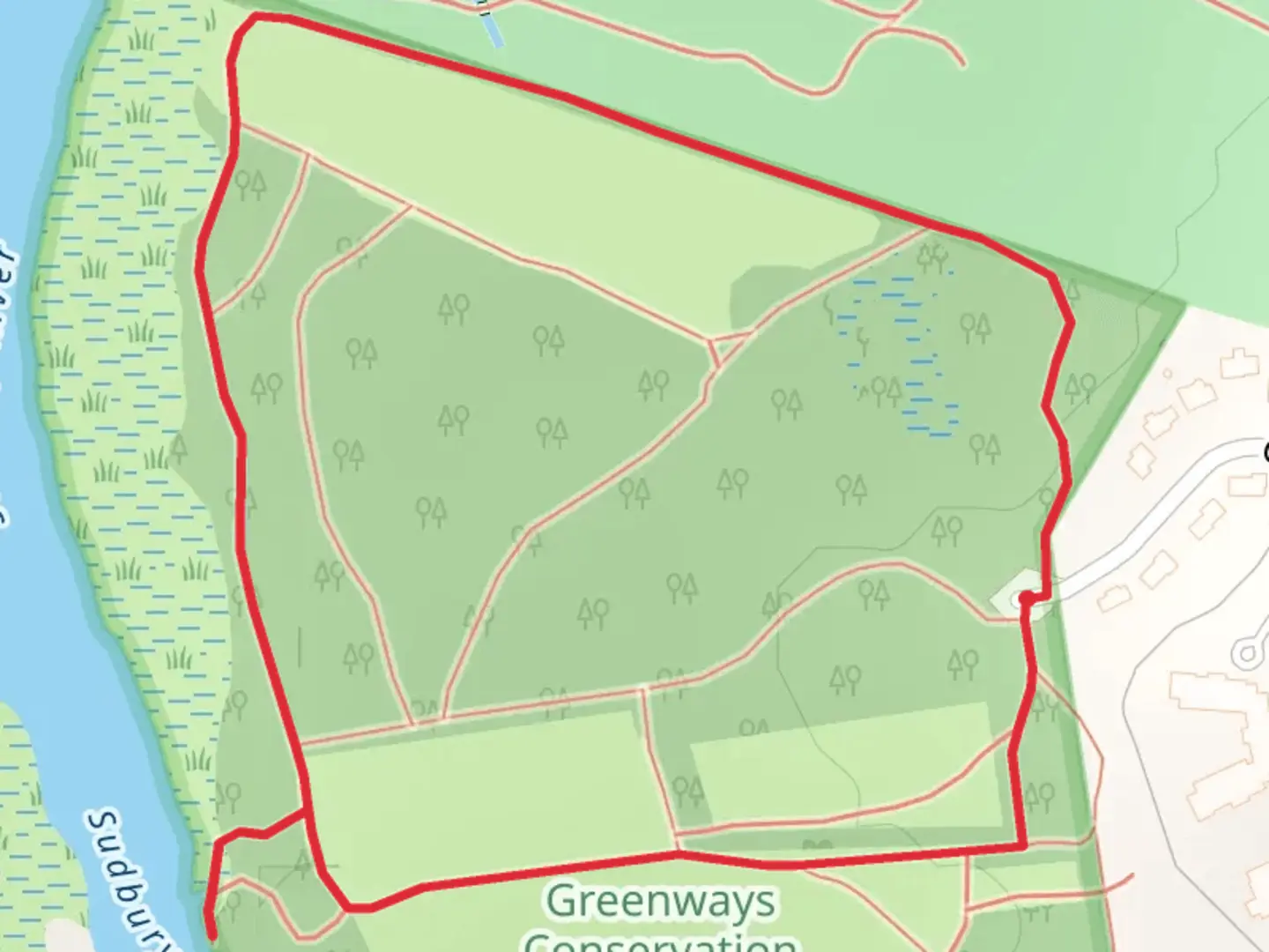 An image depicting the trail Loop around Sudbury River from Green Way and its surrounding area.