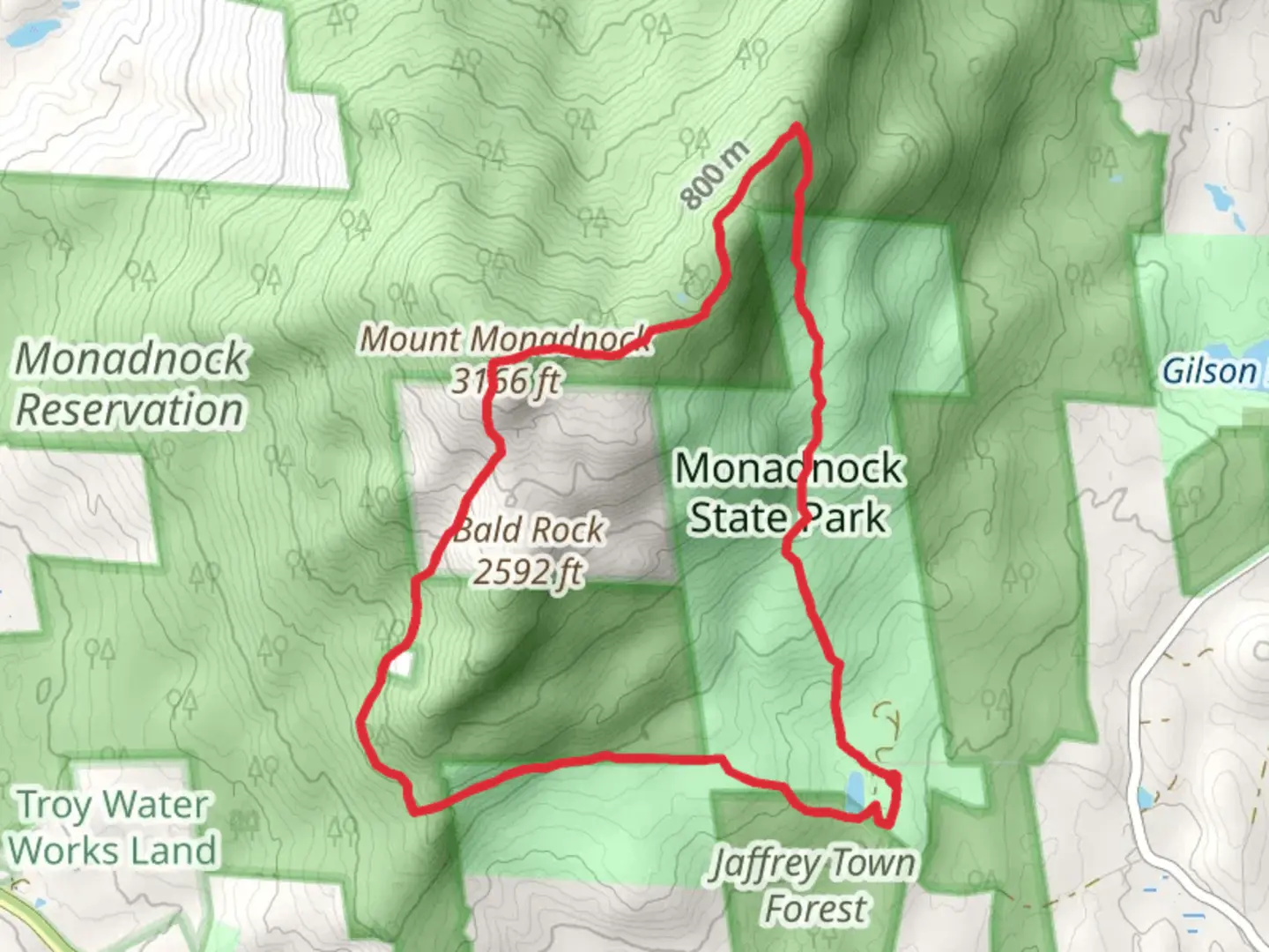 An image depicting the trail Parker Trail, Mount Monadnock and cascade Link Loop Trail and its surrounding area.