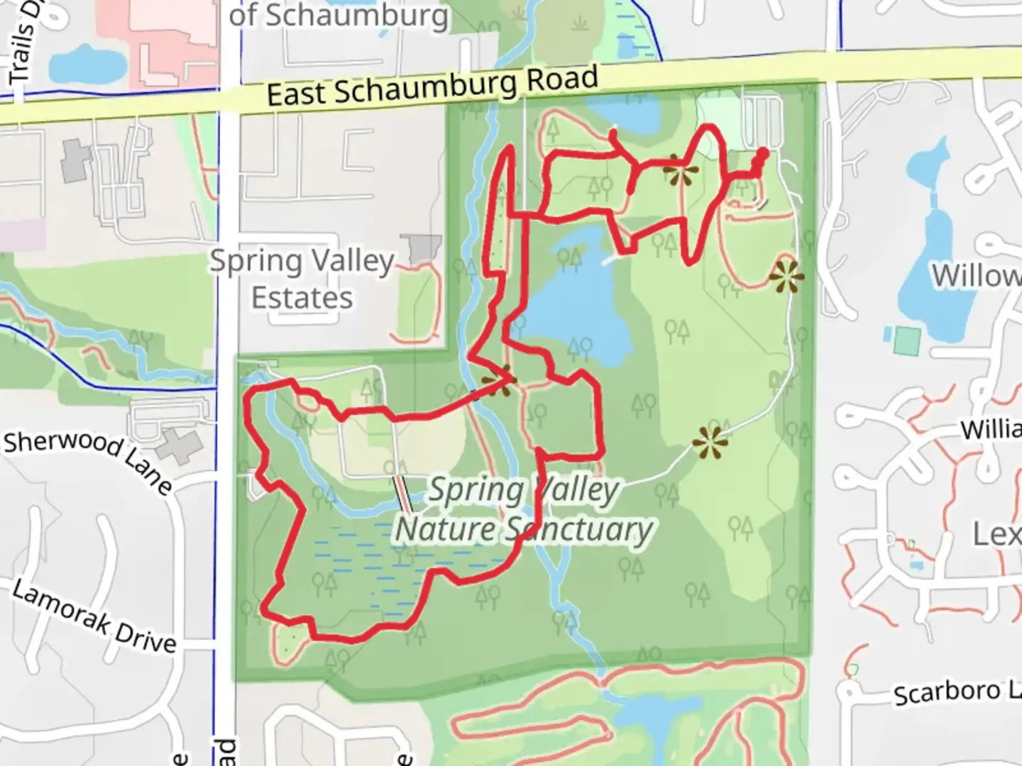 An image depicting the trail Spring Valley Nature Sanctuary and Bob Link Arboretum Loop and its surrounding area.