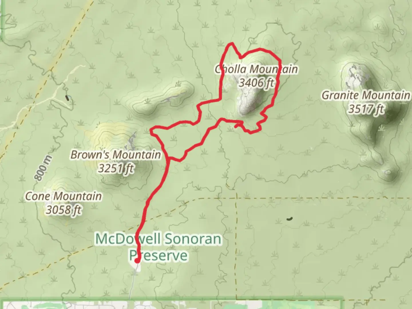An image depicting the trail Corral and Cholla Mountain Loop Trail and its surrounding area.