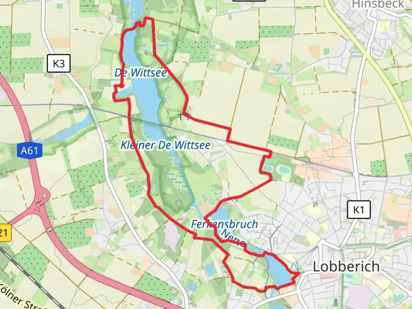An image depicting the trail De Wittsee and Windmuehlenbruch Loop via Grenzlandweg and Nette Seen and its surrounding area.