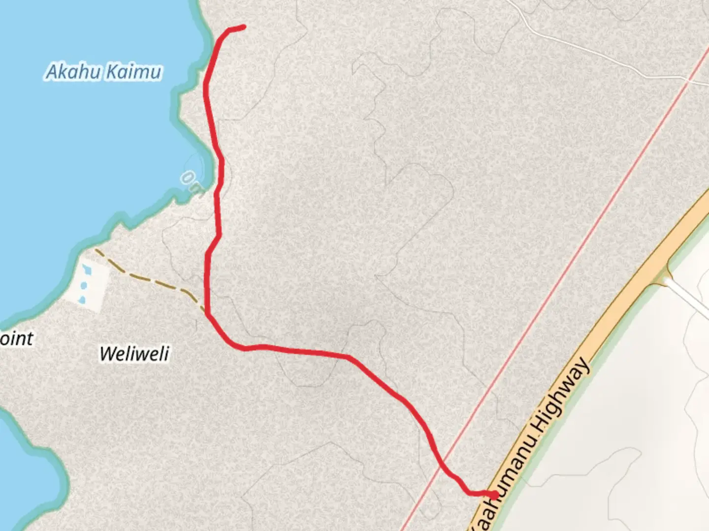An image depicting the trail Akahu Kaimu from Queen Kaahumanu Highway and its surrounding area.