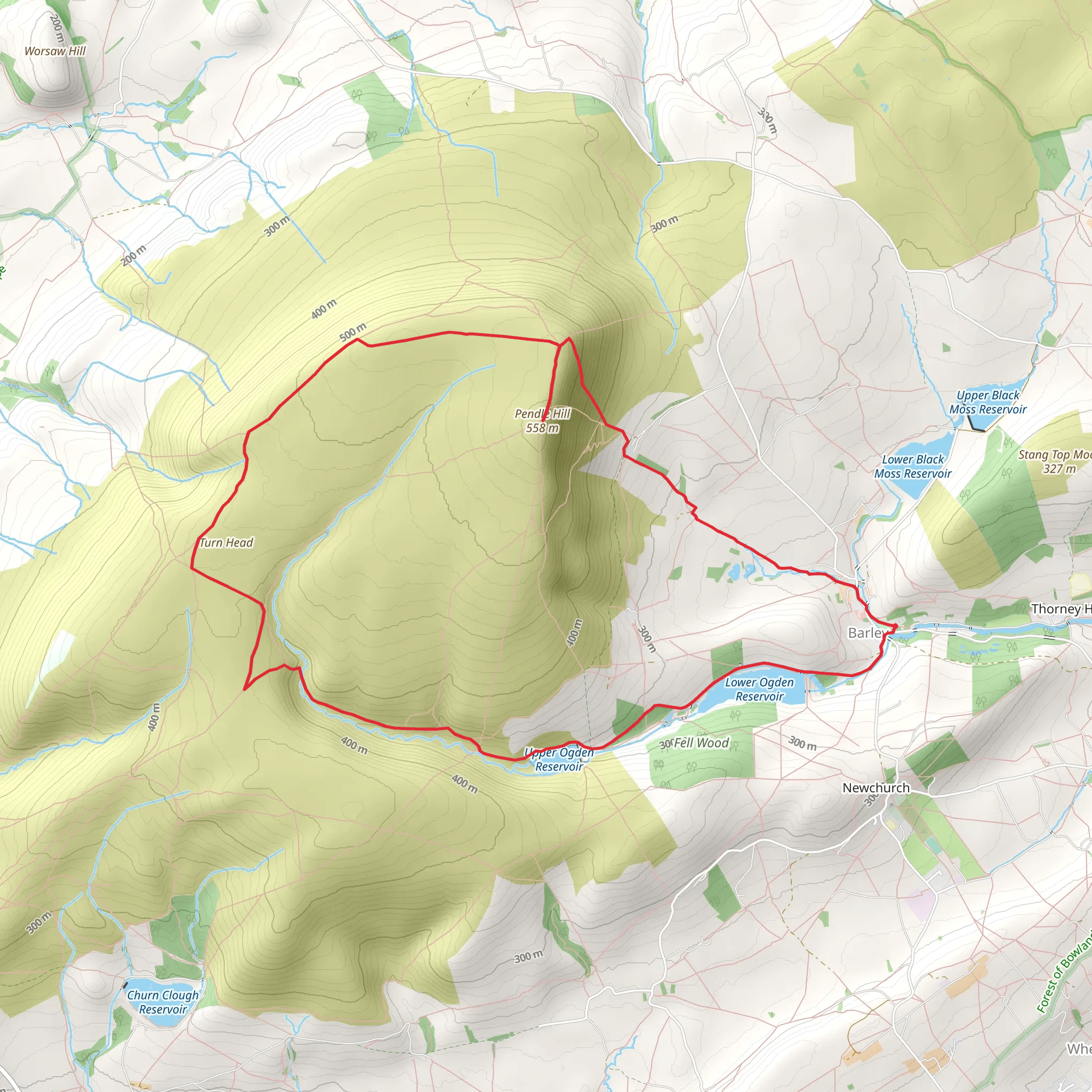 Pendle Hill and Upper-Lower Ogden Reservoir Loop - Barley mobile static map
