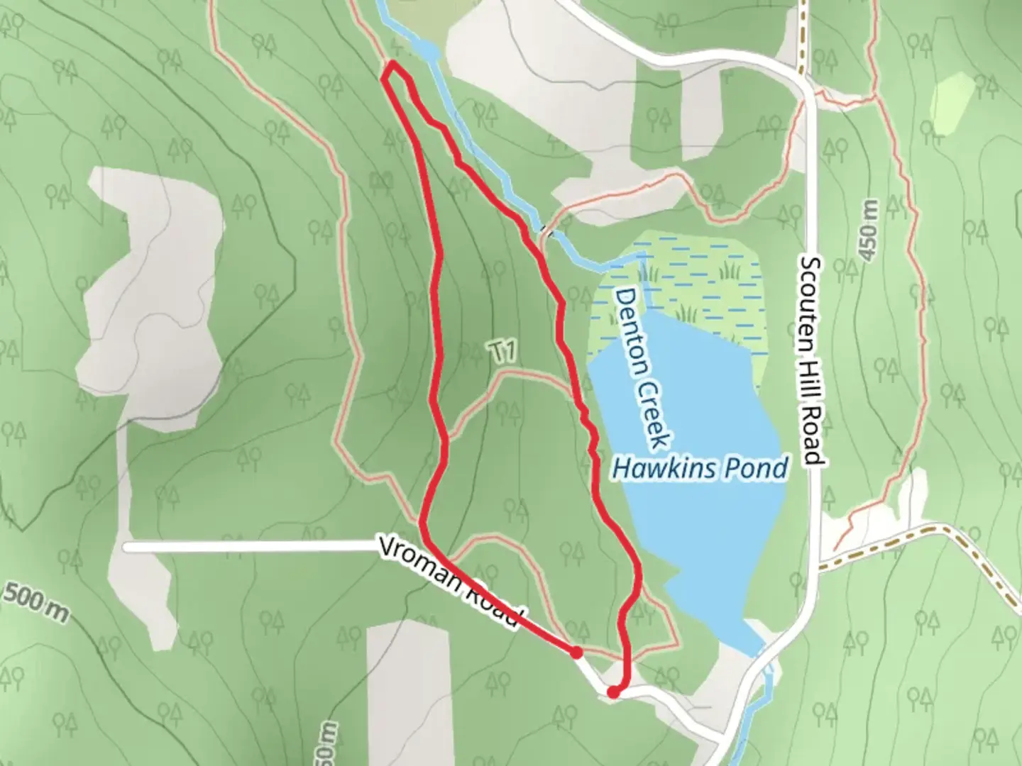 An image depicting the trail Hawkins Pond via Shoreline Way Trail and Hemlock Cliffs Trail and its surrounding area.