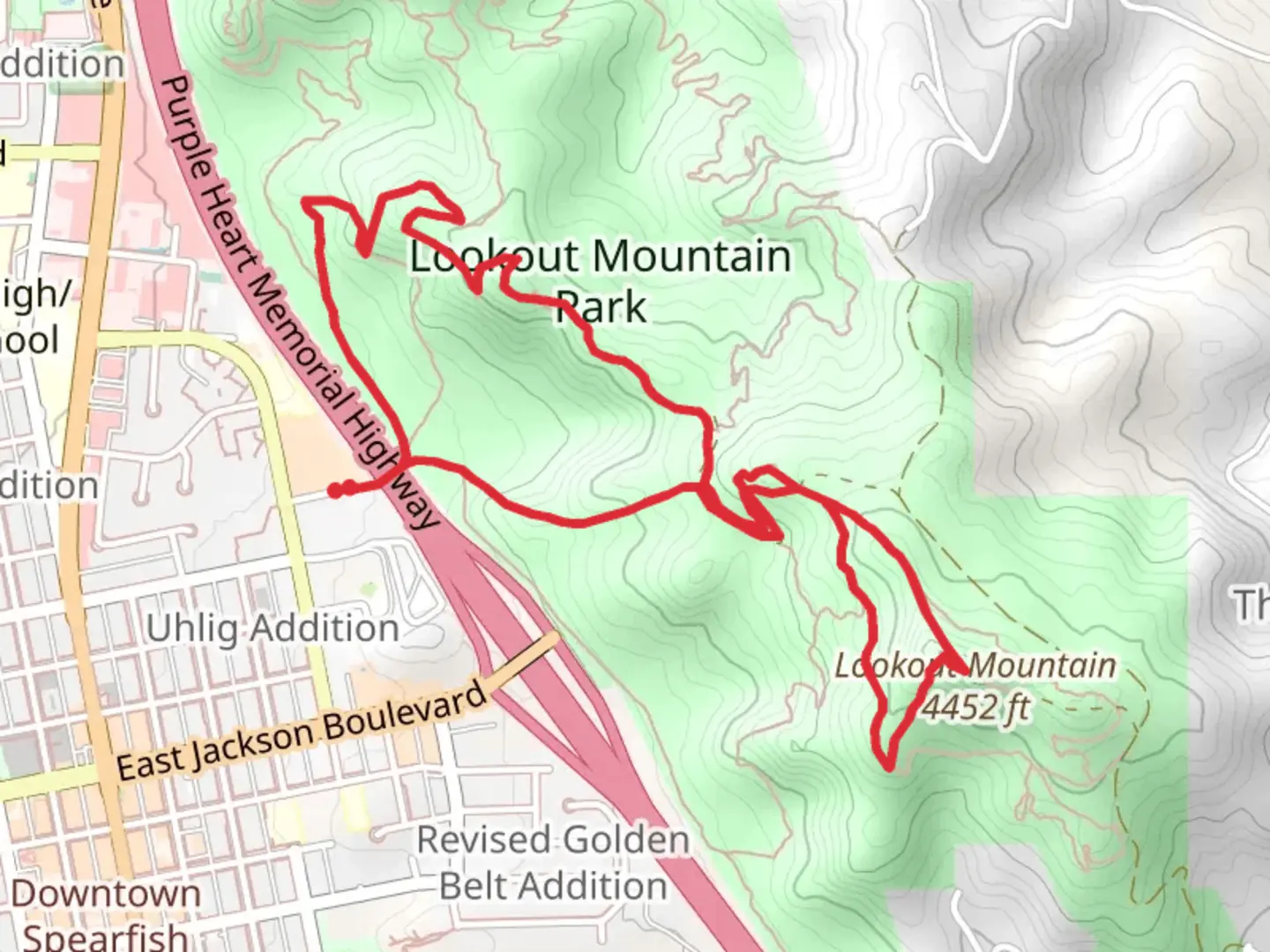 An image depicting the trail Lookout Mountain, Mesa Trail and Mars Trail Loop and its surrounding area.