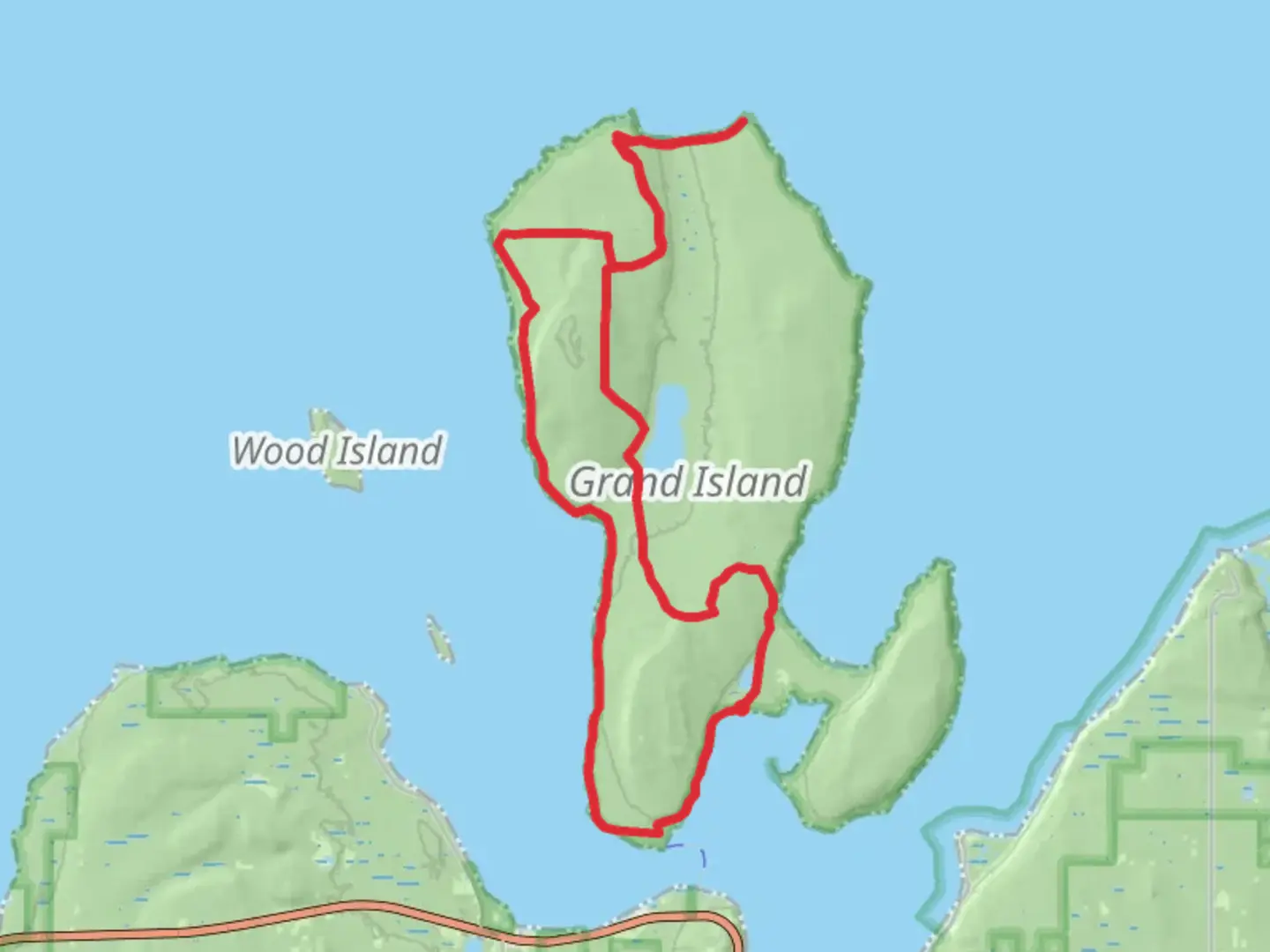 An image depicting the trail West Road and Gull Point and East Road Loop and its surrounding area.