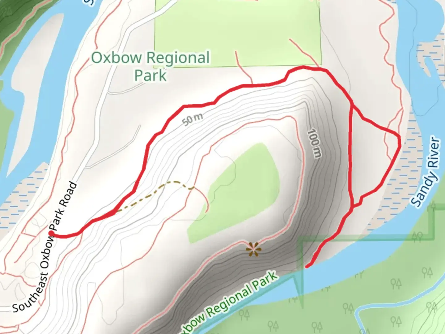 An image depicting the trail Sandy River from Southeast Oxbow Park Road and its surrounding area.