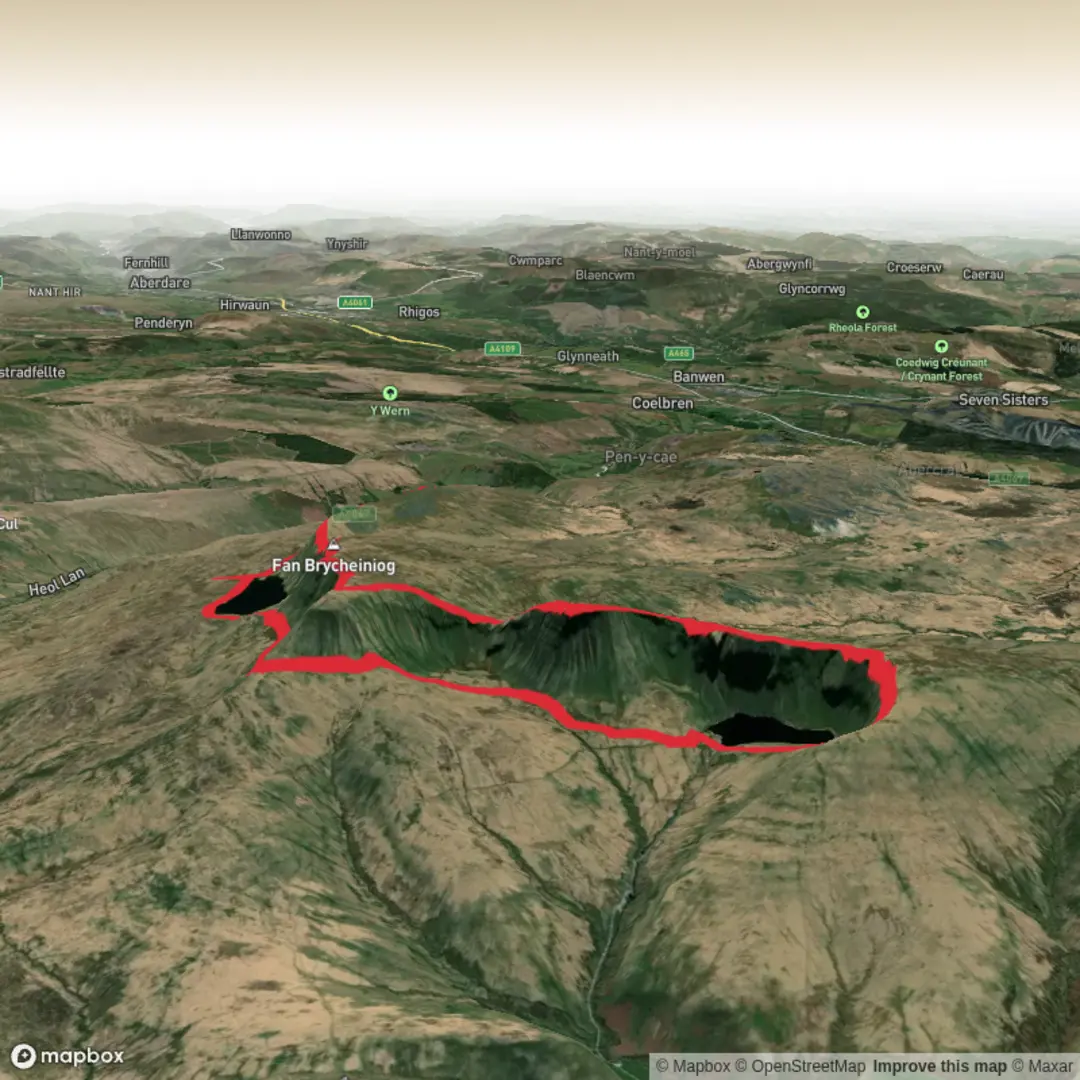 An image depicting the trail Llyn y Fan Fawr - Hosszu and its surrounding area.