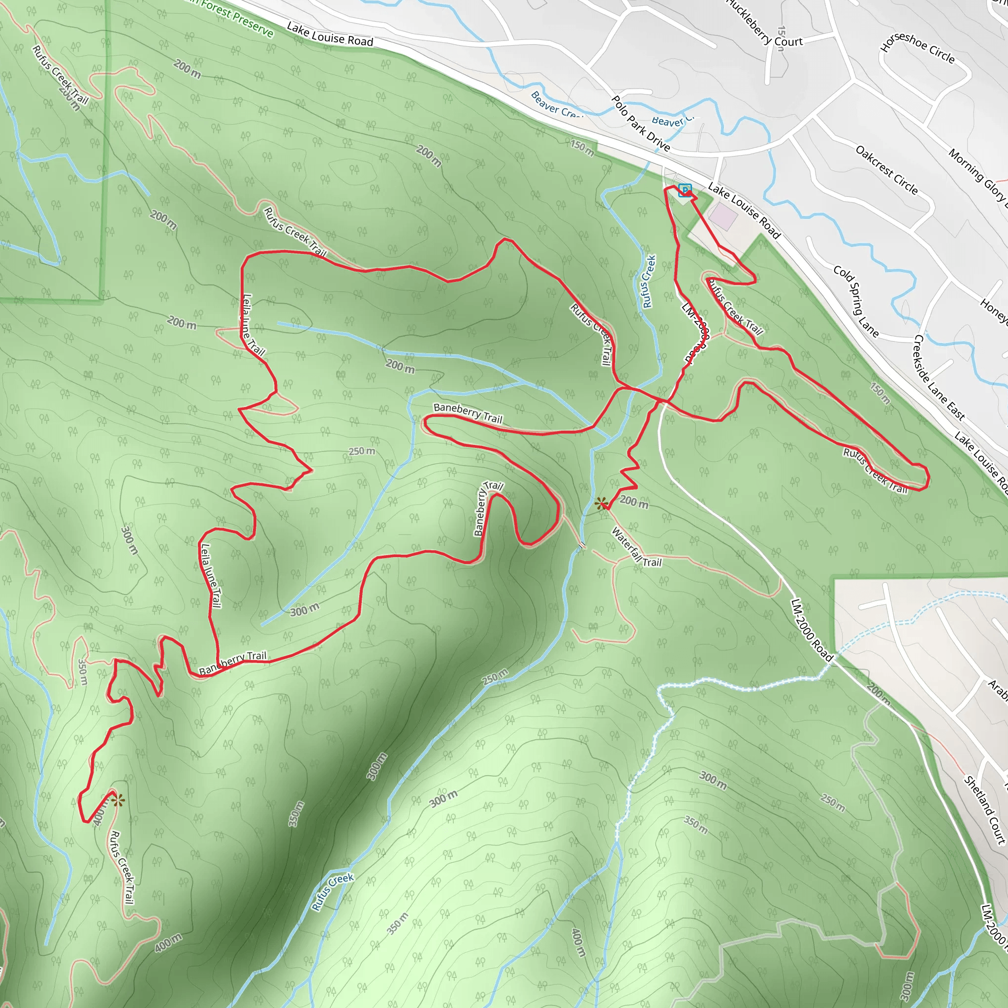 Rufus Creek, Waterfall, Baneberry and Leila June Loop Trail mobile static map