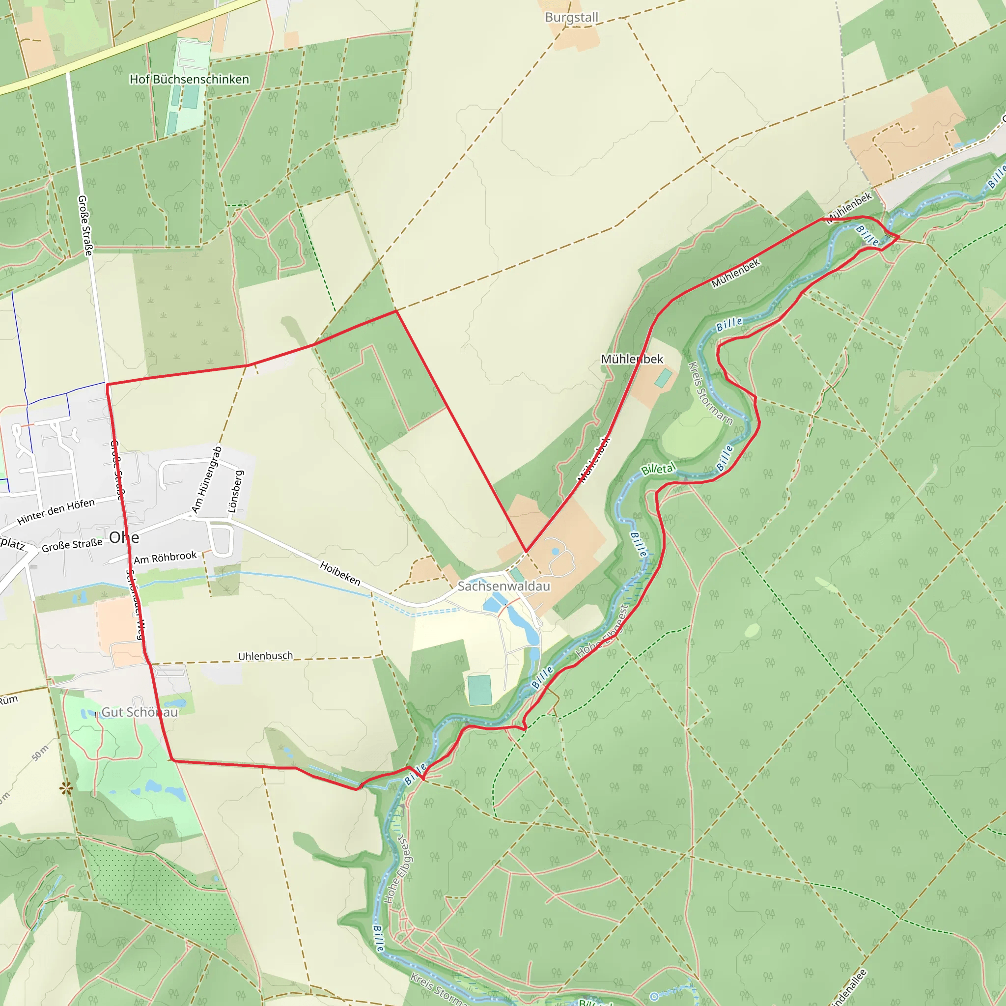 Sachsenwaldau Loop via Aumühle - Großensee and Mühlenbek mobile static map
