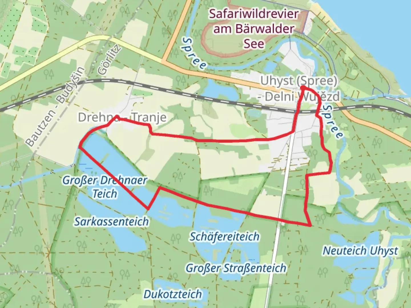 An image depicting the trail Schaefereiteich and Untere Drehnaer Teiche via Wanderweg um den Drehnaer Teiche and its surrounding area.