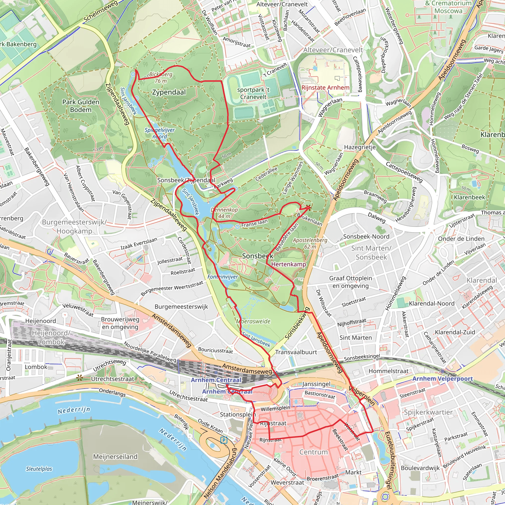 Grote Vijver, Spiegelvijver Zuid, Zypendaal and Belvedere Loop mobile static map