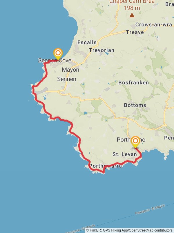 Porthcurno to Land's End and Sennen Cove Map Cornwall England