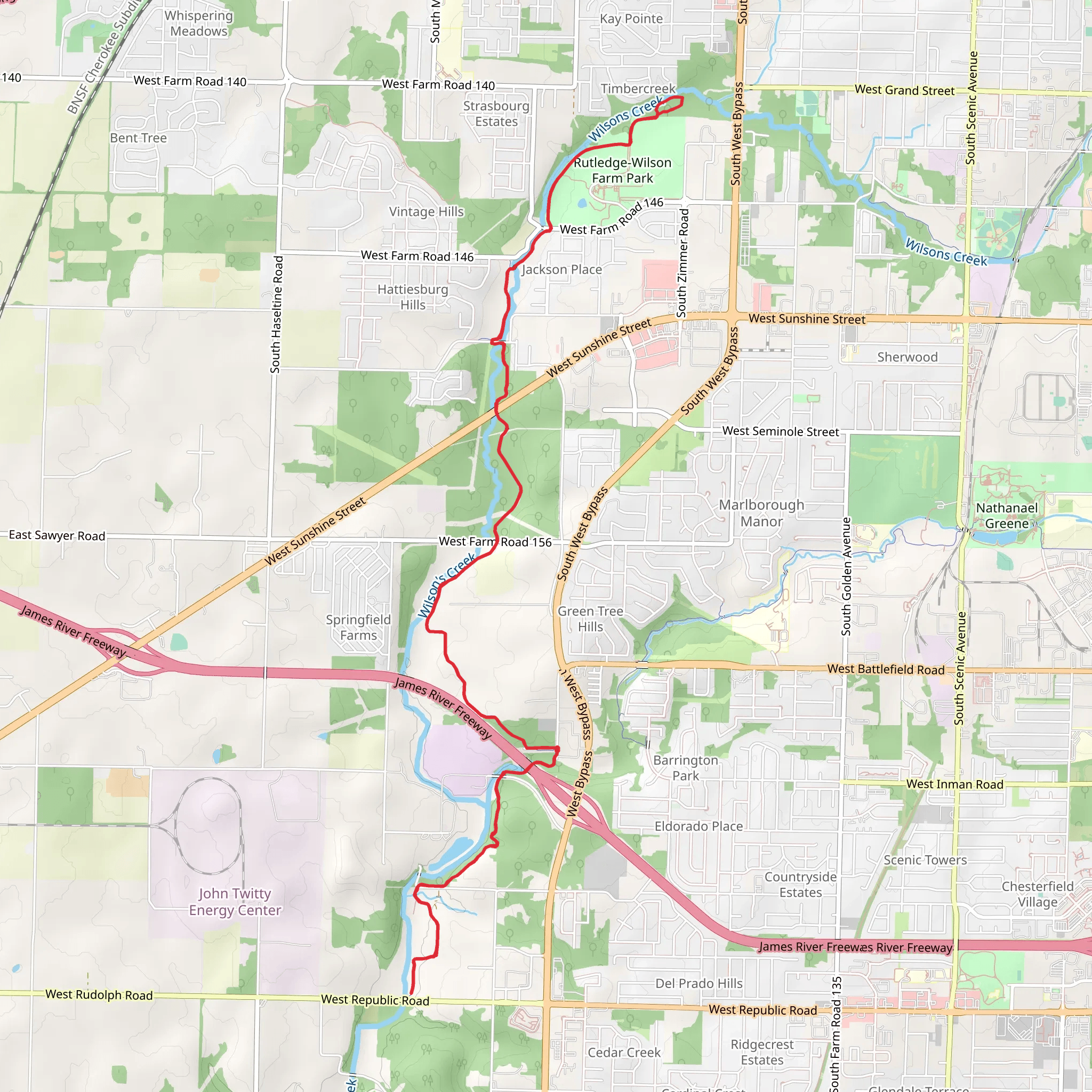 Wilson Creek Greenway and Wilsons Creek Trail mobile static map