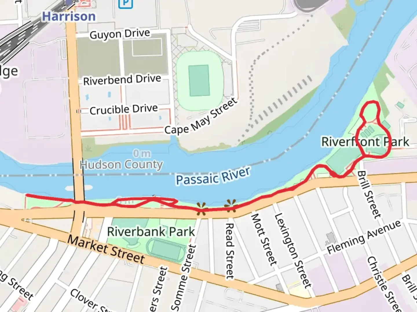 An image depicting the trail Passaic River and Riverfront Park Walk and its surrounding area.