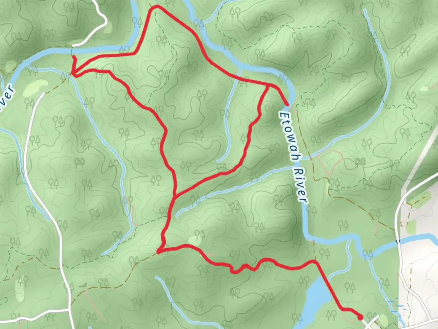 An image depicting the trail Orange Blue Trail, Pink Trail and Blue-Pink Loop Trail and its surrounding area.