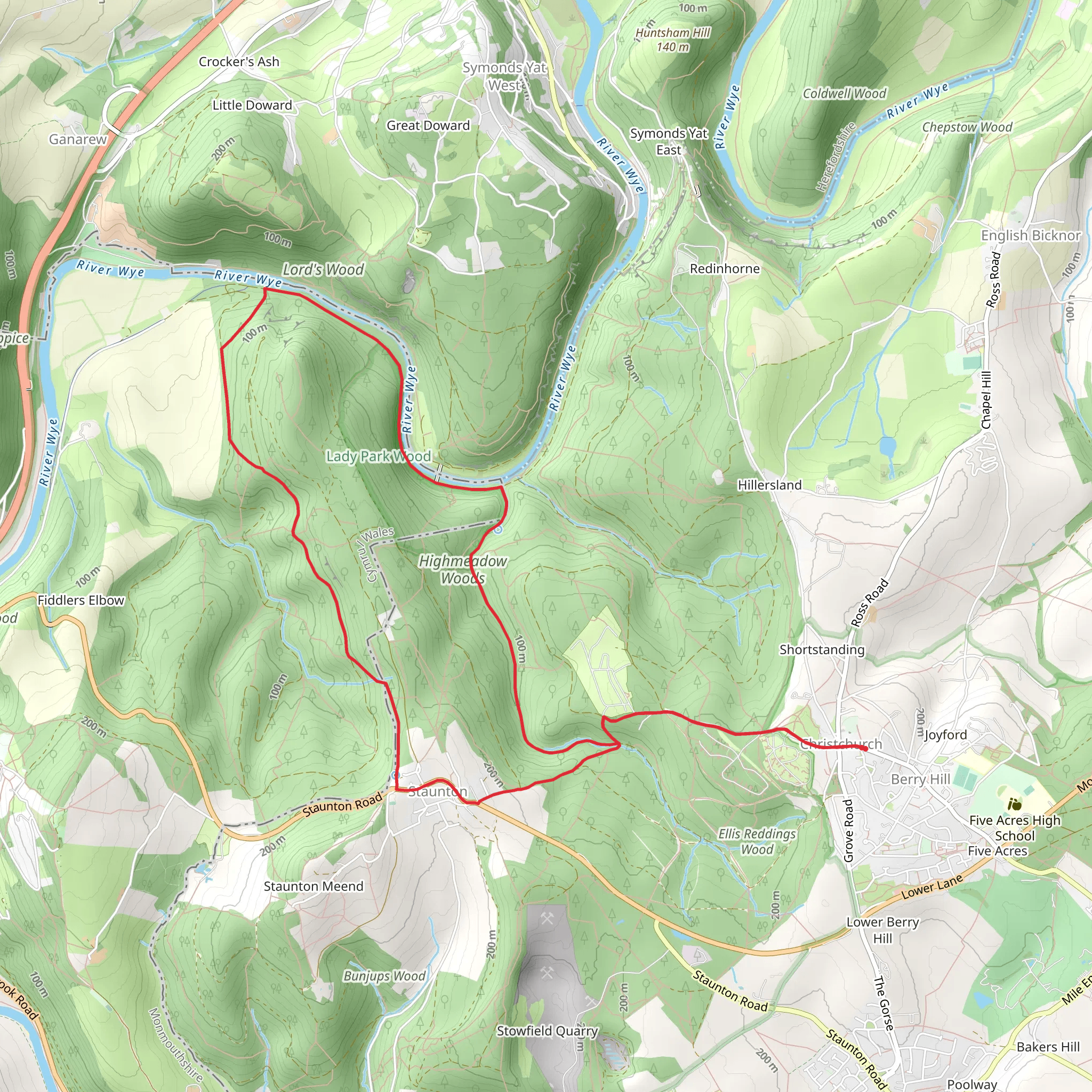 Highmeadow Woods and Lady Park Wood Loop from Christchurch mobile static map