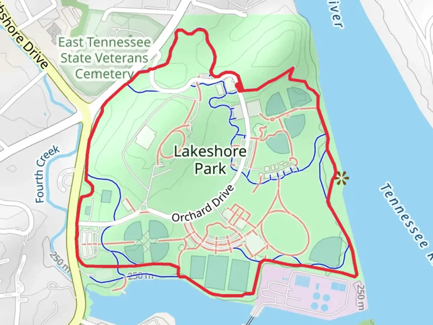 An image depicting the trail Lakeshore Park Loop and its surrounding area.