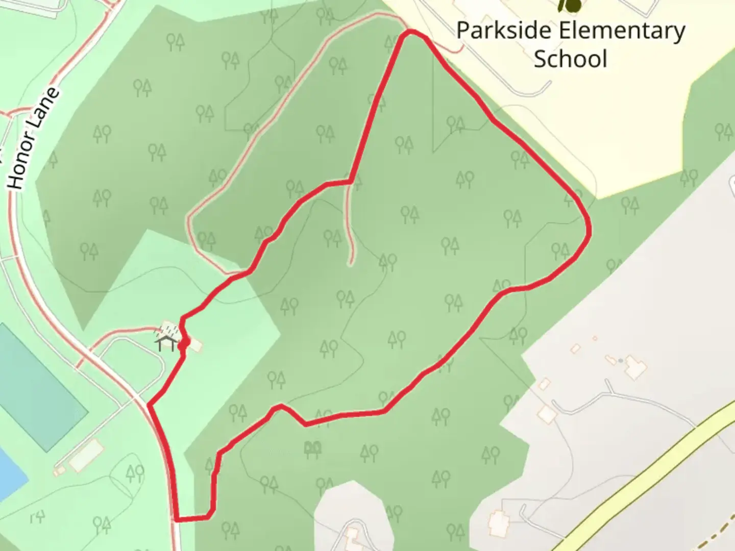 An image depicting the trail Honor Lane Loop and its surrounding area.