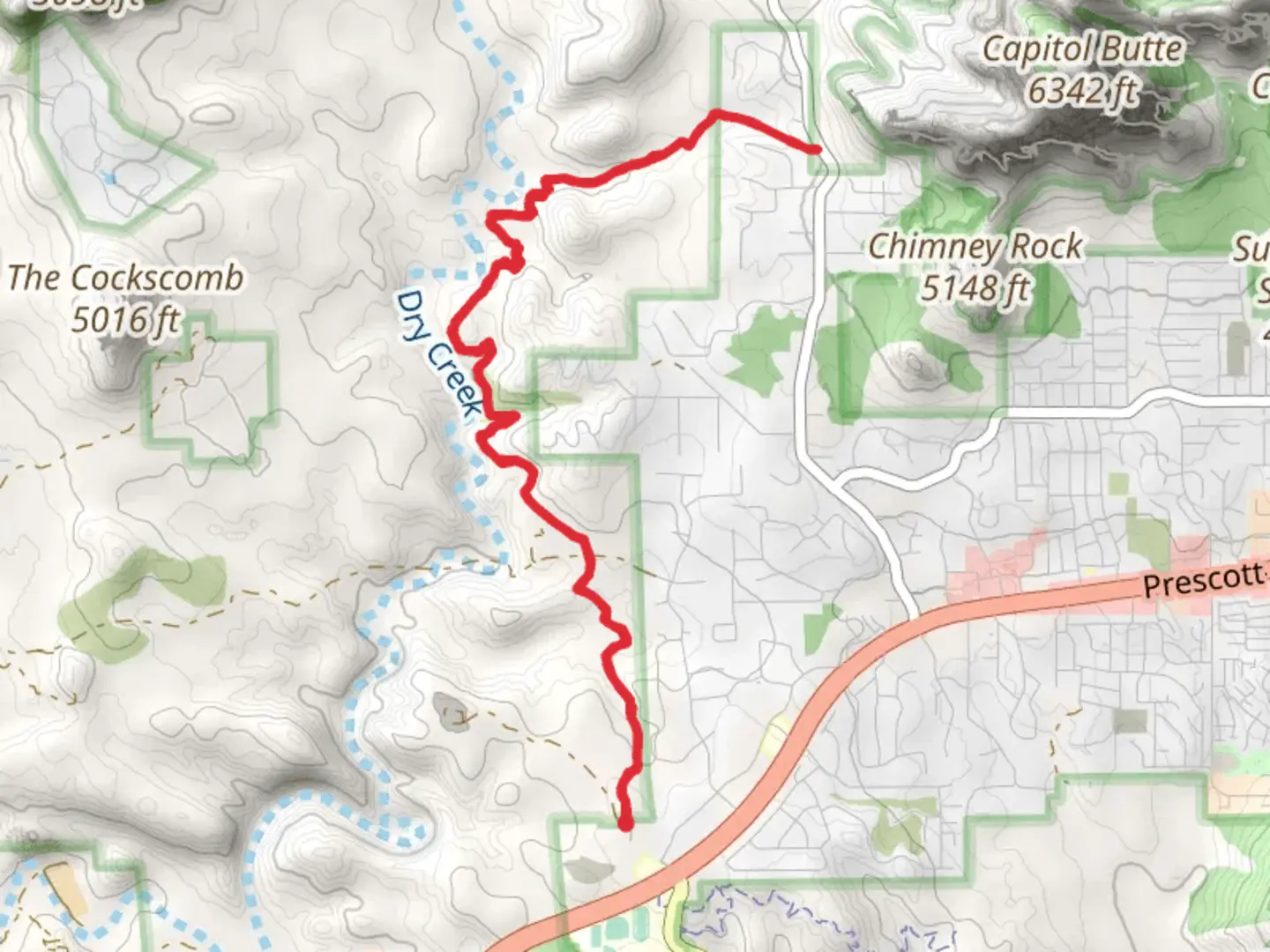 An image depicting the trail Girdner Trail and Two Fence Trail and its surrounding area.