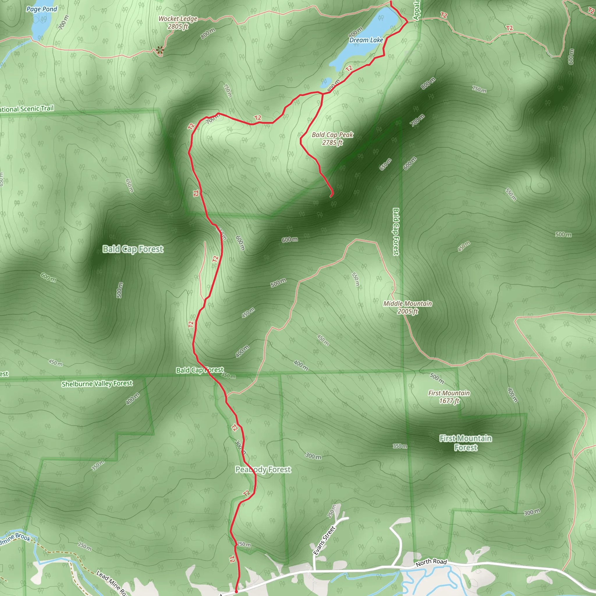 Dream Lake and Bald Cap Peak via Peabody Brook Trail mobile static map