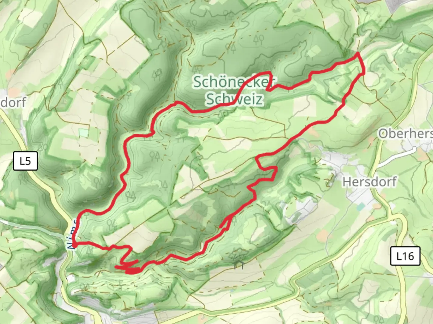 An image depicting the trail Schneifelpfad, Pruemer Land Tour Route and Willibrordusweg Loop and its surrounding area.