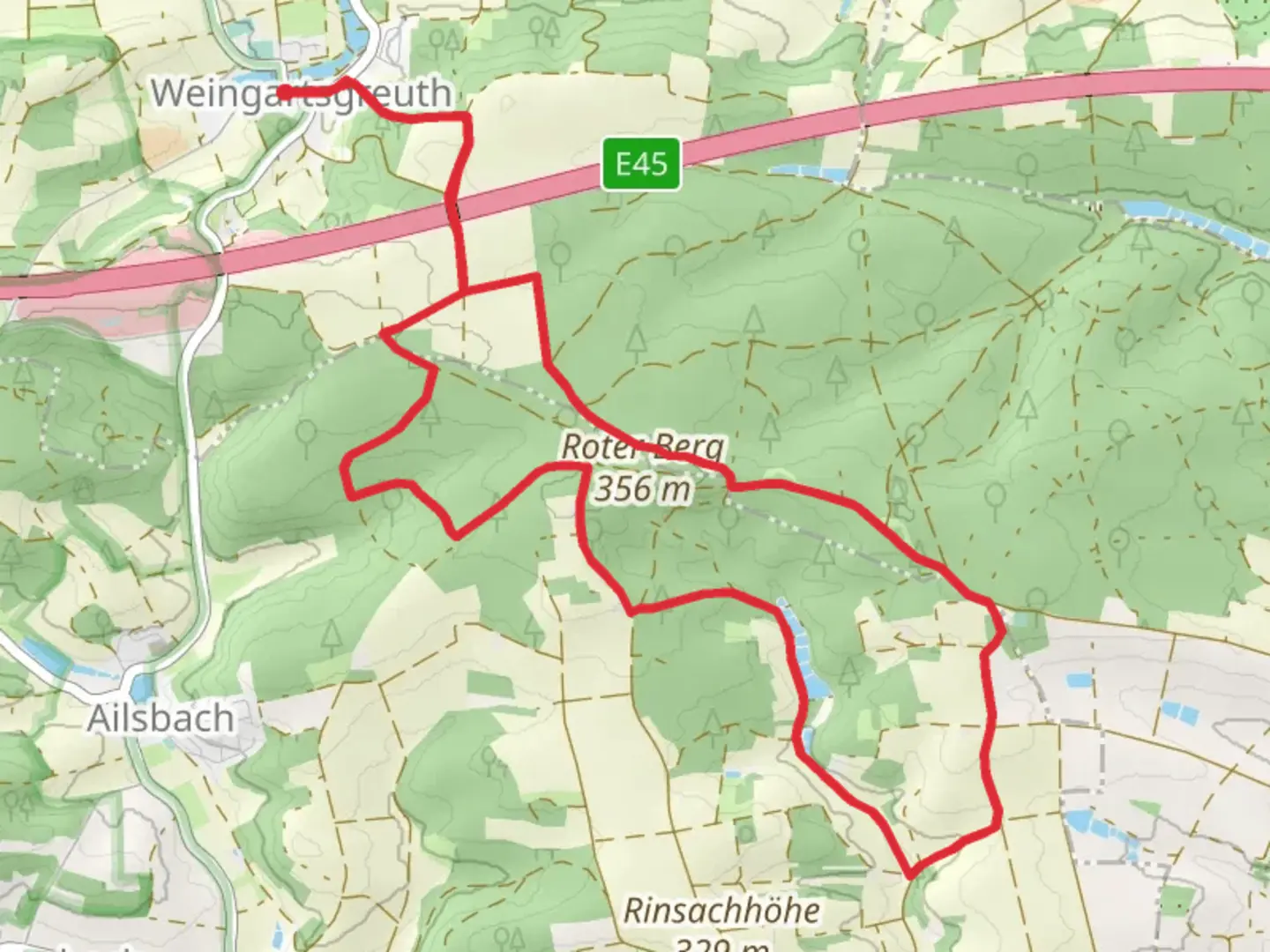 An image depicting the trail Weingartsgreuth W6 and its surrounding area.