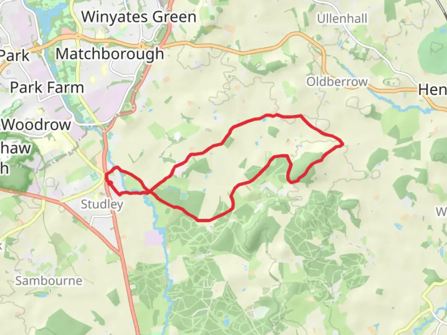 An image depicting the trail Studley to Morton Bagot Loop via Bannam's Wood and its surrounding area.