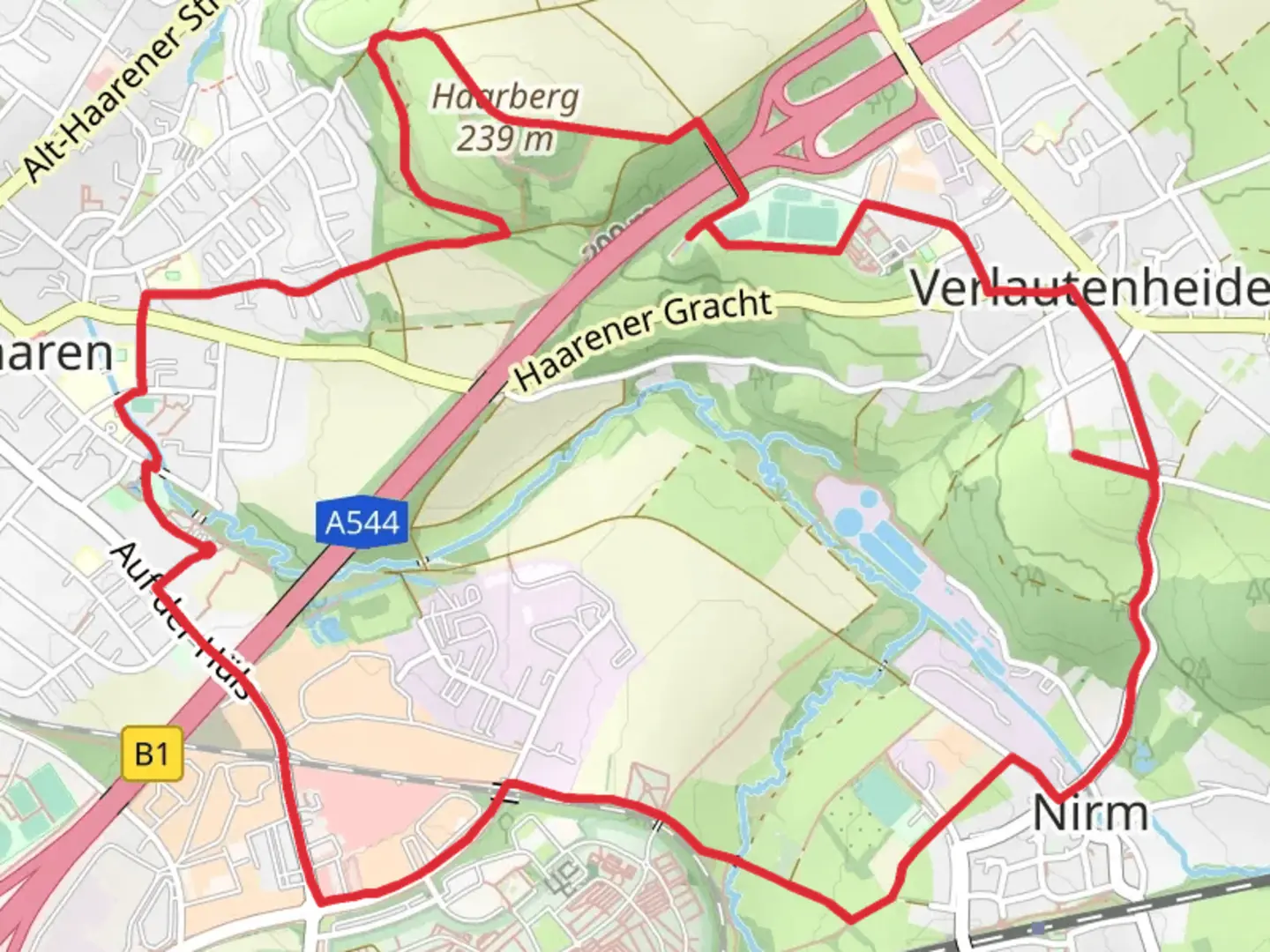 An image depicting the trail Haarberg and Welsche Muehle Loop and its surrounding area.