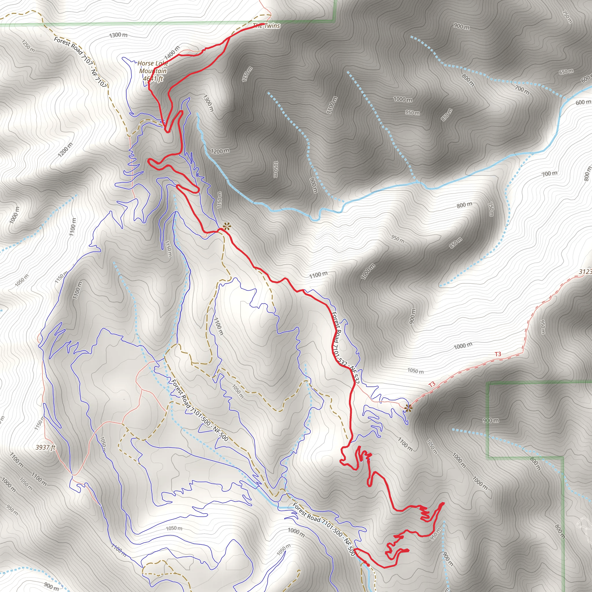 The Twins and Horse Lake Mountain via Stairway to Heaven mobile static map