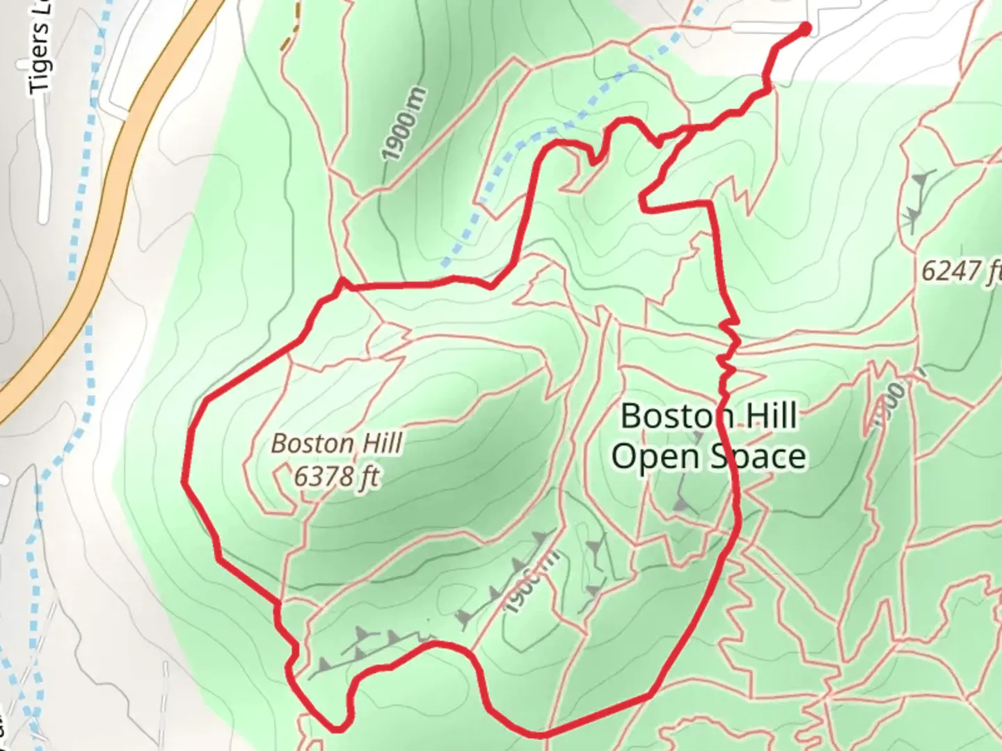 An image depicting the trail Boston Hill Loop - Boston Hill Open Space and its surrounding area.