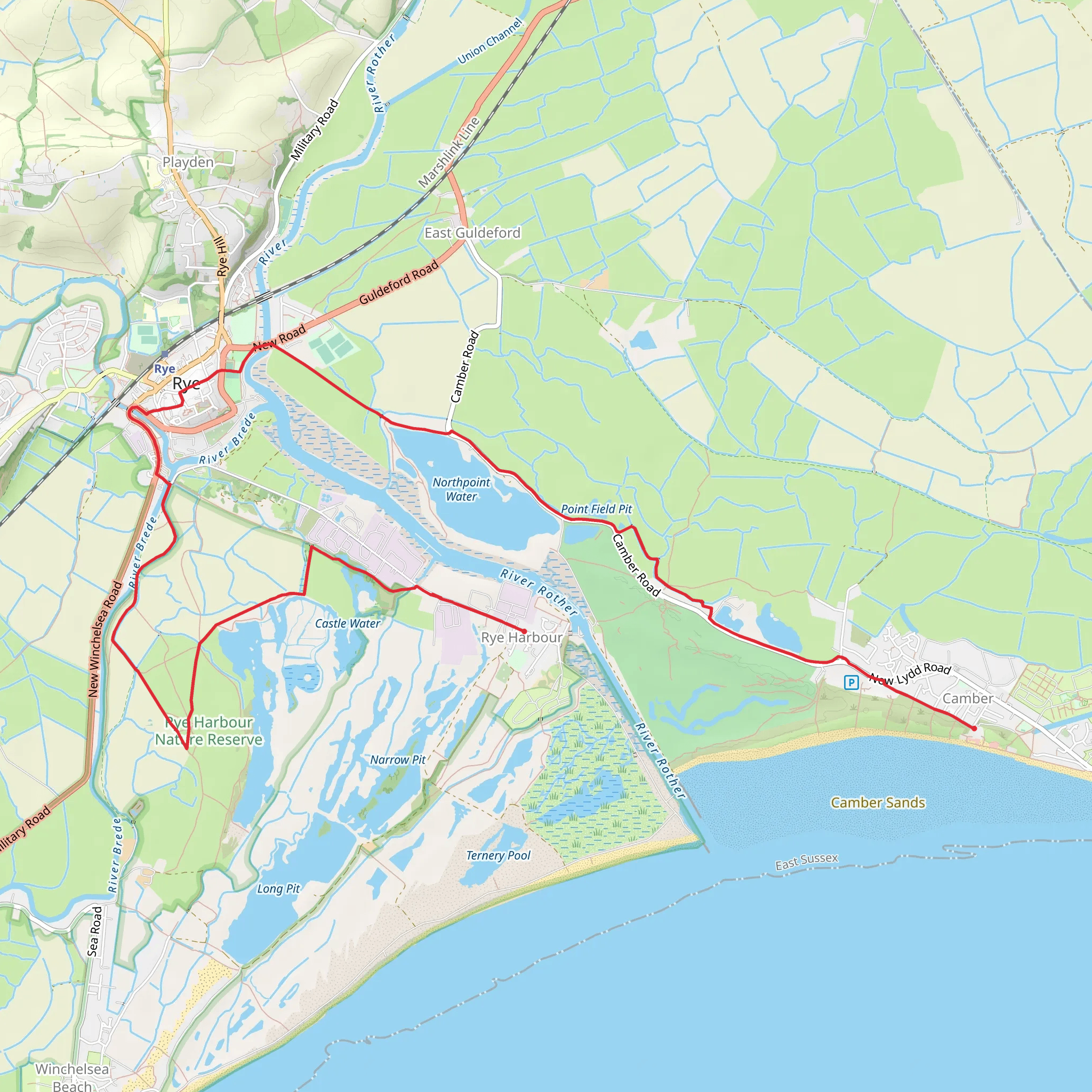 Rye Harbour to Camber via Rye Harbour Nature Reserve and Northpoint Beach mobile static map